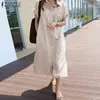 Vintage Solid Shirt Klänning Zanzea Kvinnor Sommar Sundress Casual Short Sleeve Mid-Calf Vestdos Lapel Knapp Robe Femme Stora 7 Y220214