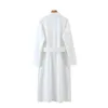 Casual kvinna vit bomull mjuk tröja klänning vårhöst damer elegant grundläggande sashes es kvinnlig chic ficka 210515