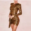 Casual jurken Elegant Gold Metallic Lame Lame Drape Mini Bandage Dress Women Bodycon Button Long Sleeve Winter Party Club