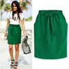 Vår sommar Elegant Midi Kjolar Kvinnor Kontor Penna Bomull Elastisk Midja Paket Hip Bow Green 210607