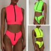 Bikini ad alta vita Mujer Neon Green Swimsuit Female High Neck Women Crust Crop Top Ai bagni da bagno Sexy Bathing Barers 210319