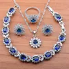 Boucles d'oreilles collier couleur argent ensembles de bijoux bijoux de mariage de mariée pour les femmes bleu zircon cubique Bracelet et bague JS01529684077