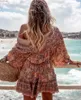 GYPSylady Allık Florla Baskı Fill Yaz Elbiseler Uzun Kollu Pileli Kadınlar Elbise Elastik Mini Çingene Boho Elbise Chic Vestido 210331