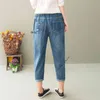 Women Harem Jeans Elastic Waist Spring Floral Embroidery Chinese Style Denim Pant Calf Length Trousers Lady Casual Loose Pants 211129