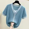 M-4XL Plus Size Dames Kasjmier V-hals Korte Mouw Gebreide Pullover Tee Basis Wol Kasjmier Trui Dames Jumper T-shirt 210604