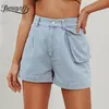 Casual Pockets High Waist Shorts Women Summer Streetwear Button Fly Wash Short Jeans Woman Chic Straight Denim 210510