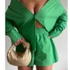 Ensemble deux pièces en coton décontracté pour femmes, ample, court, Sexy, taille haute, chemise verte, Orange, rose, ensemble de rue, CX220311