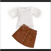 Sets Baby Clothing Baby Kids Maternityfashion Toddler Kid Outfits Feather Sleeve Round Neck T Shirt Tops Brown Buttons Skirt Girls Clothes