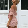 floral print 2 pieces skirt sets summer beach off shoulder ruffle suits women pink sets beach bodycon sets 210415