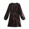 Mulheres Floral Impressão Deep V Neck Jacquard Mini Vestido Feminino Lanterna Sleeve Roupa Casual Lady Vestido D6960 210430