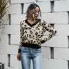 Damska jesień zima dzianiny swetry V-Neck Sweter Leopard Drukuj Długi rękaw Dzianiny sweter Luźne Topy 210520