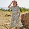 Summer printed short sleeve women dress Vintage V neck floral holiday Elegant fashion vestido clothes 210508