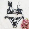 Hoge taille bikini ruche badmode vrouwen print sexy badpak push-up bikinis plus size badpakken boog strand slijtage 210621