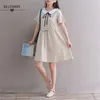 Japansk Preppy Style Summer Women Mini Dress Peter Pan Collar Kaki Blå String Femme Robe Bomull Linen Kawaii Student 210520