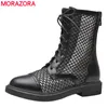 Morazora Plus Size 34-43カットアウト夏のブーツレースアップショートアンクルブーツファッションソリッドカラークールブーツレディースシューズ210506