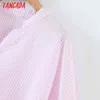 Kobiety Retro Różowy Paski Print Połowa Rękaw Chic Kobiet Krótki Bluzka Koszula Topy 8H48 210416