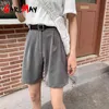 Women's Shorts Summer Beige Loose Casual Korean Style Knee-length Female Vintage Gray High Waist 210428