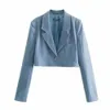 BBWM Vintage Eleganckie Kobiety Niebieska Kurtka Moda Kobiet Garnitur Collar Collar Klamra Krótki Coat Chic Top Casual Casaco 210520