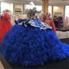 NEW!!Royal Blue Quinceanera Dresses 2022 Cascading Ruffles Embroidery Beaded Tiered Satin Sweetheart Neckline Sweet 16 Princess Ball Gown vestido