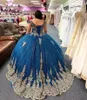 Navy Blue Glitter Quinceanera Robes de l'épaule Gold Floral Applique Sweet 15 Robe Perge en tulle Pêtième