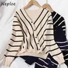 NEPLOE Outono Inverno Elegante Elegante Stripes Sleeers Estilo Coreano Casual Cardigans Cardigans All-Match Chic Botão Chic V-Pescoço Tops 210423