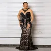 2021 Abiti da sera in pizzo nero Donna Plus Size Maniche lunghe Sirena Aso Ebi Abito da ballo Appliques Abito su misura in Sudafrica