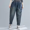 Vårhöstkonst Stil Kvinnor Elastisk Midja Lösa Blå Jeans Vintage Broderi Denim Harem Byxor Plus Storlek S68 210512
