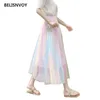 Primavera verano mujeres falda larga cintura alta pastel arco iris malla elegante dulce vacaciones tul plisado s 210520