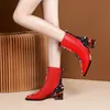 Kobiety Krótkie Buty Zima ShoesSoft Microfiber Leathersquare ToePrinting Heel Ethnic Stylefemale FootwareClackred