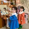 Estilo coreano primavera meninas vestido flores bordadas colarinho princesa floral vestidos crianças roupas e644 210610