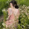 Rosa francés vintage kawaii vestido encaje patchwork peter pan collar dulce midi femenino y2k casual vacaciones princesa 210604