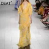 [DEAT] Kadınlar Elbise V Yaka Yüksek Bel Kat Uzunluk Yarım Kollu Baskı Zarif Gevşek Fit Moda Yaz 13Q333 210527