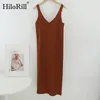 Solid V Neck Spaghetti Strap Dress Women Backless Knitted Midi Straight Base Casual es Vestito Da Donna 210508