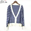 H.SA Fall Fashion Cardigans Feminino Låg V Hals Striped Knapp Öppna Stitch Poncho Cardigan Sticka Sweater Coat Mujer 210417