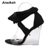 Aneikeh Fashion Sexy Women Shoes Peep Toe PVC Transparent Heel Wedges High Heels Sandals Gladiator Cross Strap Lace-Up Pumps 210402