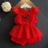 Ankomster sommar barn sätter kortärmad spets klänningar röd solid shorts söta 2st-tjejer kläder 2-7t 210629