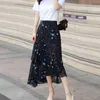 Black Casual Chiffon Star Print Knee-length Empire Elastic Waist Skirt Asymmetrical Ruffle S0263 210514