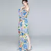 Elegante herfst blauw en wit porselein bloem maxi jurk vrouwen ruches sexy slash nek hoge split bohemien lange jurken 210519