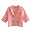 Casual Mujeres V Cuello Blusa Verano Moda Damas High Street Sweet Shirt Mujer Impreso Jacquard Recortado Top 210515