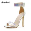 Aneikeh 2021 Fashion Summer Serpentine PU Peep Toe High Heel Women Sandals Sexy Buckle Strap Ankel-Wrap Ladies Club Shoes Silver Y0721