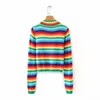 HSA Jesień Zima Slim Wild Stand-Up Collar Zipper Pullover Kobiety Moda Dzianina Z Długim Rękawem Rainbow Słodki Sweter Paski 210417