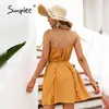 Lace up Sexy Holiday Spaghetti straps women Ruffled summer high waist knee lengh solid vintage lady dress 210414