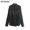 KPYTOMOA Kvinnor Mode med studs Fringed Oversized Denim Jacket Coat Vintage Långärmad Frayed Kvinna Ytterkläder Chic Toppar 211014