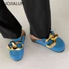 Suojialun New Brand Design Gold Chain Women Slipper Slipper Lock Slip на мулах туфли круглые пальцы на низких каблуках повседневные скольжения.