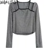 WAKUTA Sexy Off Shoulder Crop Tops Women Korean Style Slim Vintage Plaid Long Sleeve Fake Camis Spring Sweet Girls 210719