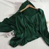 Elegant temperament buttoned splayed A-line long dress women 2021 autumn thin Korean pure color retro satin green dress female Y1204
