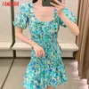 Zomer Vrouwen Groene Floral Print Ruches Vierkante Hals Korte Mouw Dames Mini Jurk Vestidos 5Z124 210416