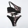 Women's Swimwear Sexy Bikini Leopard Swimsuit Patchwork One Shoulder Women Cross Bandage Bathing Suit Biquini