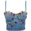 Coloré Strass Denim Bustier Crop Top Camis Gros Cristal Jean Corset Push Up Soutien-Gorge Sexy Femmes Débardeurs Bleu