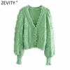 Kvinnor Fashion V Neck Ball Appliques Cardigan Knitting Sweater Kvinna Långärmad Chic Casual Knappar Tyg Tops S689 210416